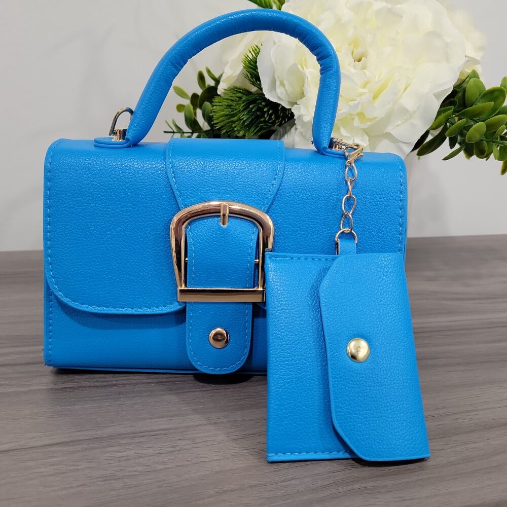Blue Retro Style Buckle Small Handbag Purse w/Detachable Mini coin wallet - Picture 4 of 10